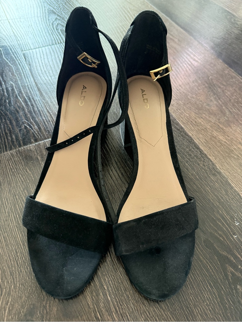 Aldo Black Suede Ankle-Strap Block Heel Sandals